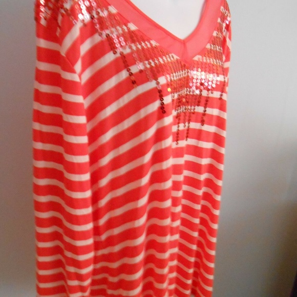 Women's Plus Size Stripe V Neck T Shirt Orange White Striped Sequins NWT - Picture 4 of 11